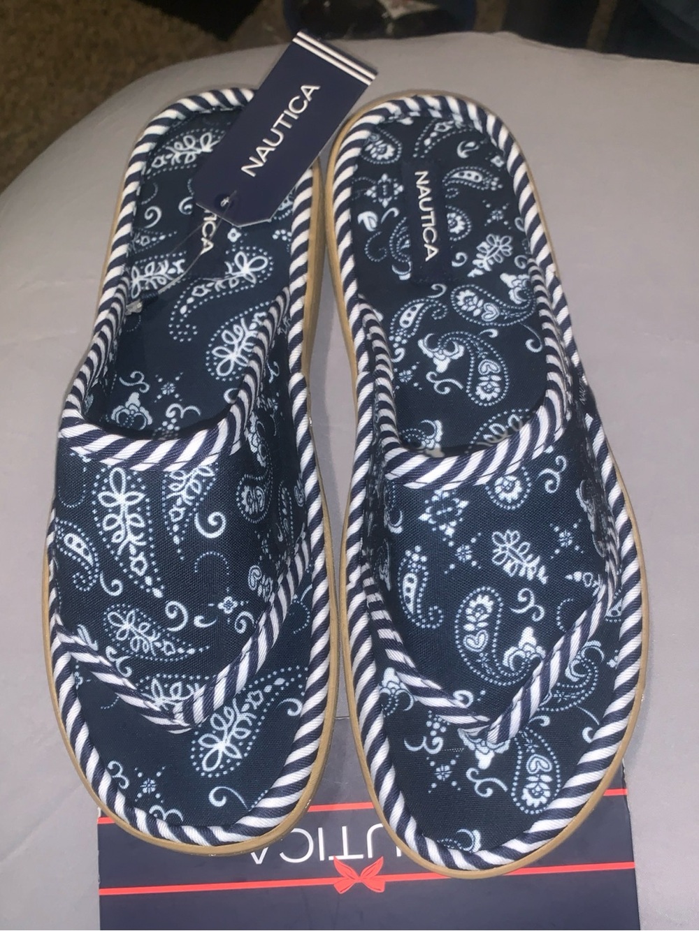 Nautica Navy Paisley Slip-On Sandals with Striped Trim